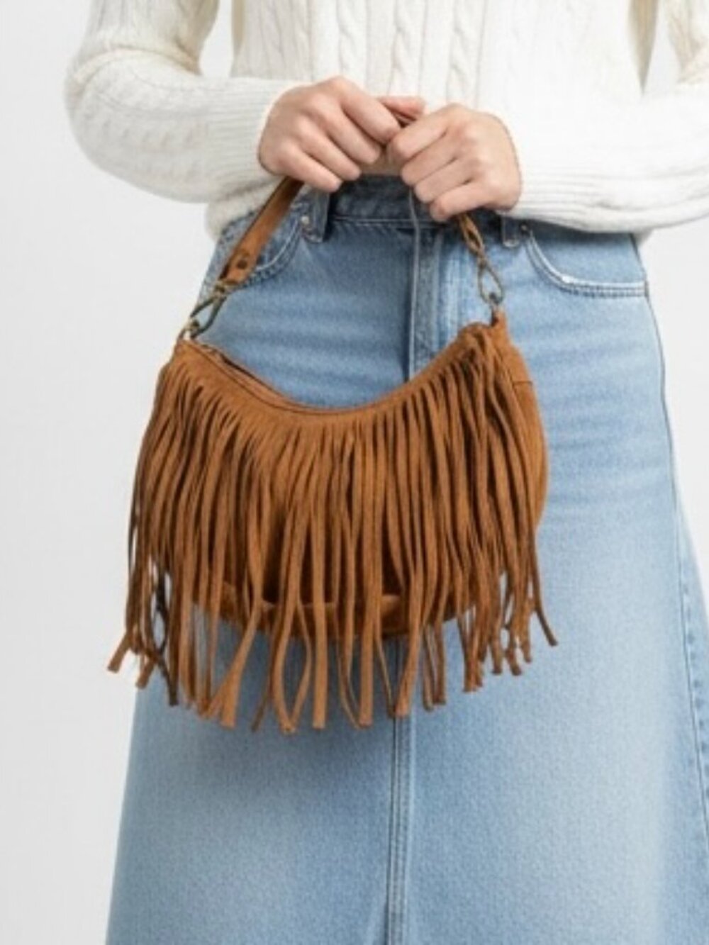 NEW Marlon Brown Suede Fringe Hobo Bag with Detachable Shoulder Strap